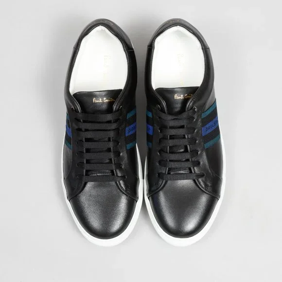 NWT Paul Smith Basso Black Leather Green & Blue Stripe Sneaker